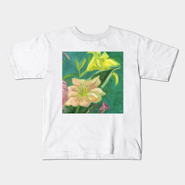 Lilies on Green Kids T-Shirt by HelenDBVickers